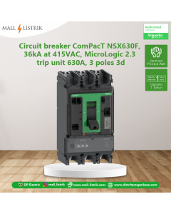 Circuit breaker ComPacT NSX630F, 36kA at 415VAC, MicroLogic 2.3 trip unit 630A, 3 poles 3d